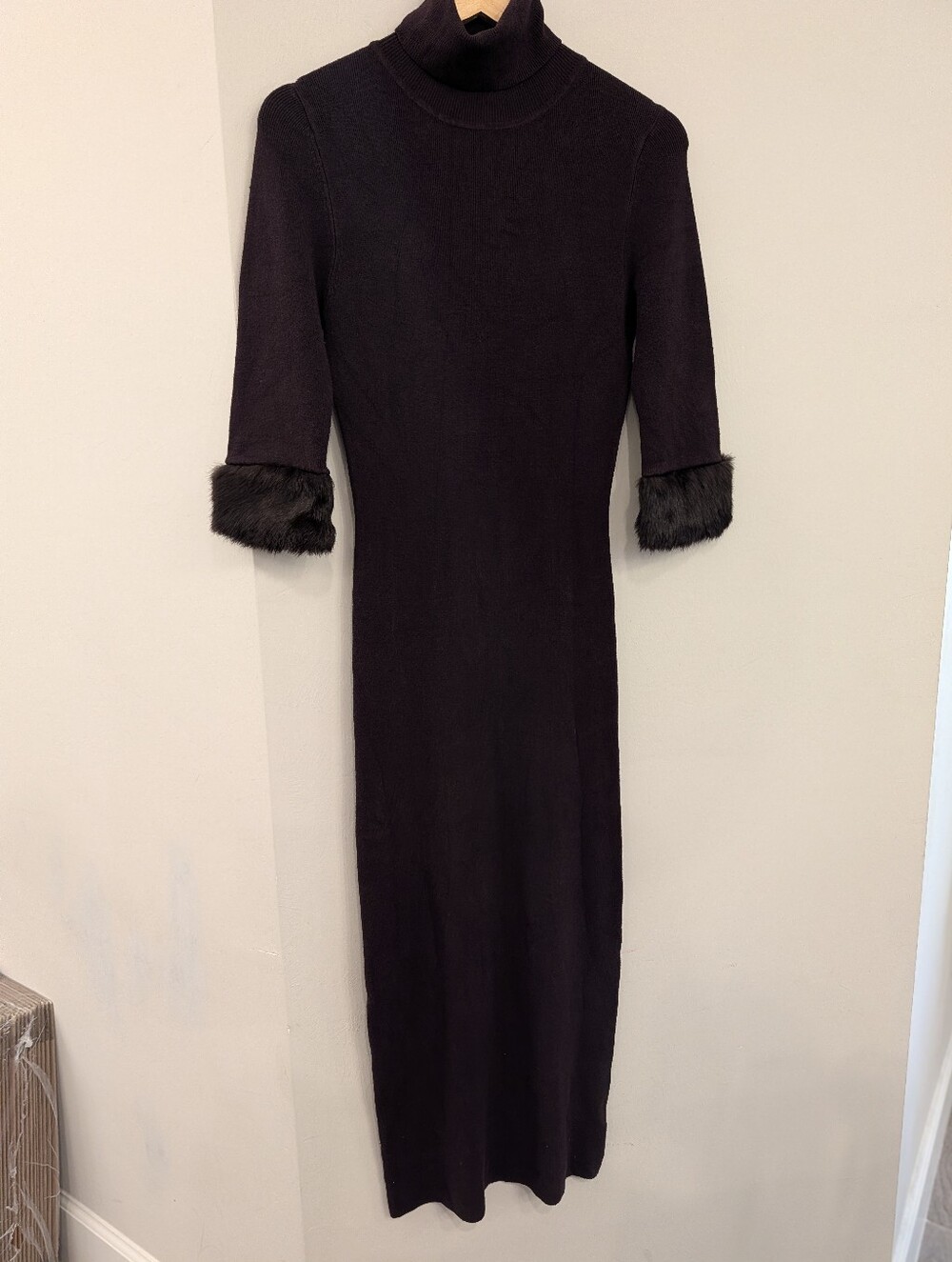 Rare Vintage Koji Yohji Brown Ribbed Knit Sweater Dress Real Rabbit Fur Cuffs M